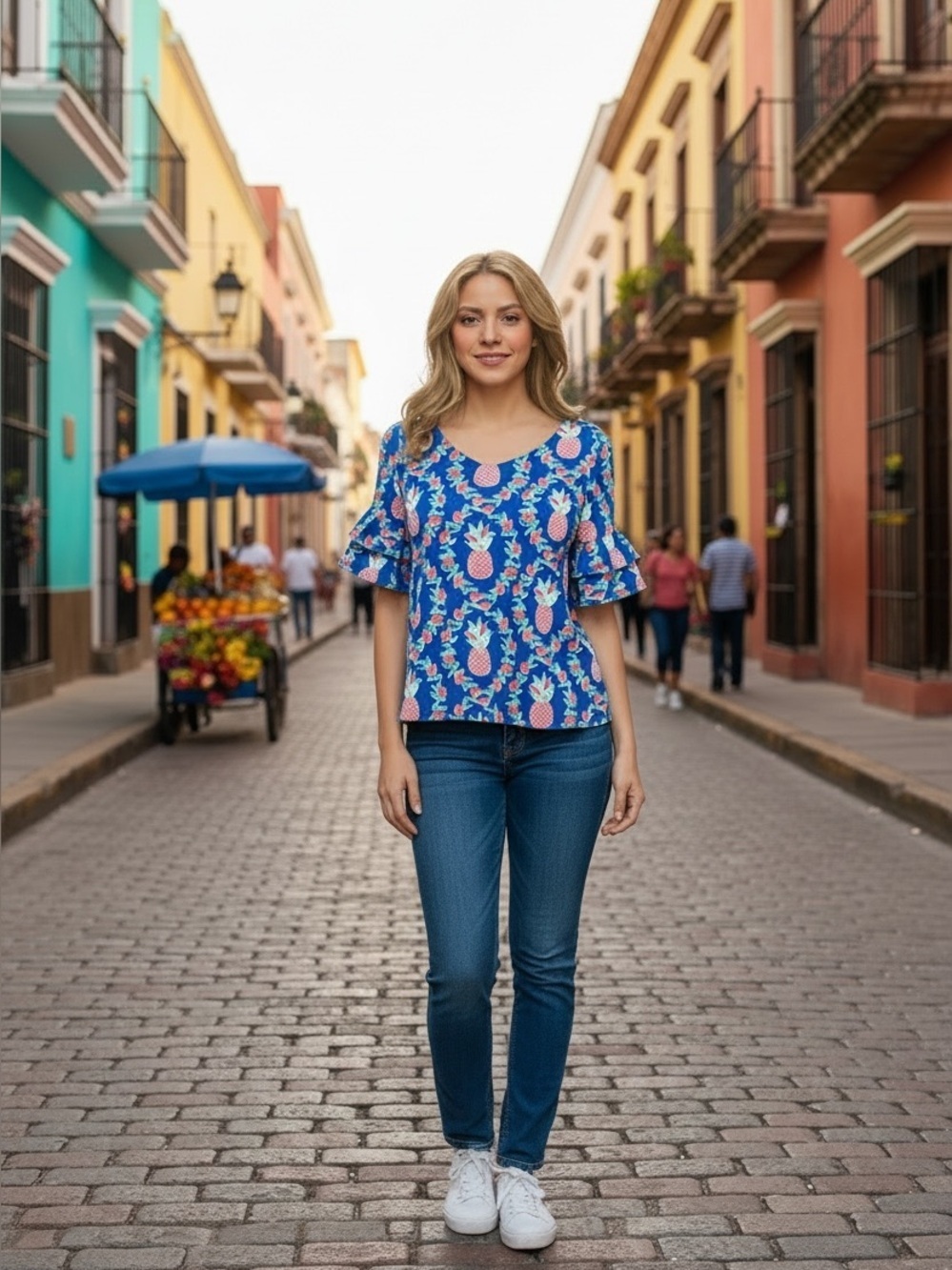 Crown & Ivy pineapple print ruffle sleeve top pm